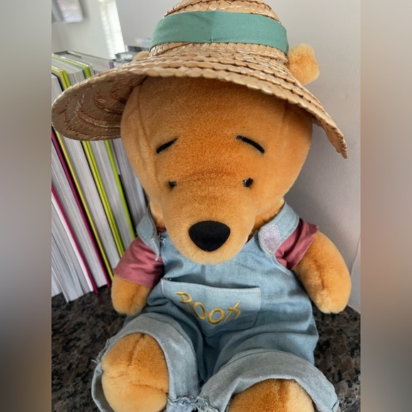 Vintage Disney Winnie the Pooh Denim Overall Straw Hat 14in Plush Garden Pooh - Picture 4 of 5